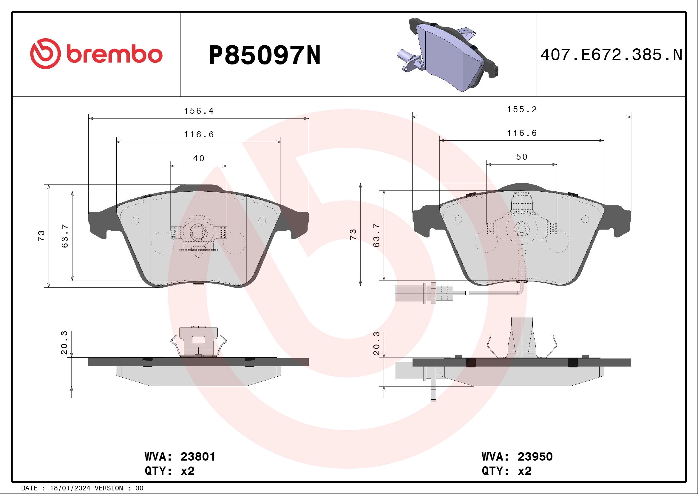 Комплект тормозных колодок дисковый тормоз BREMBO P85097N