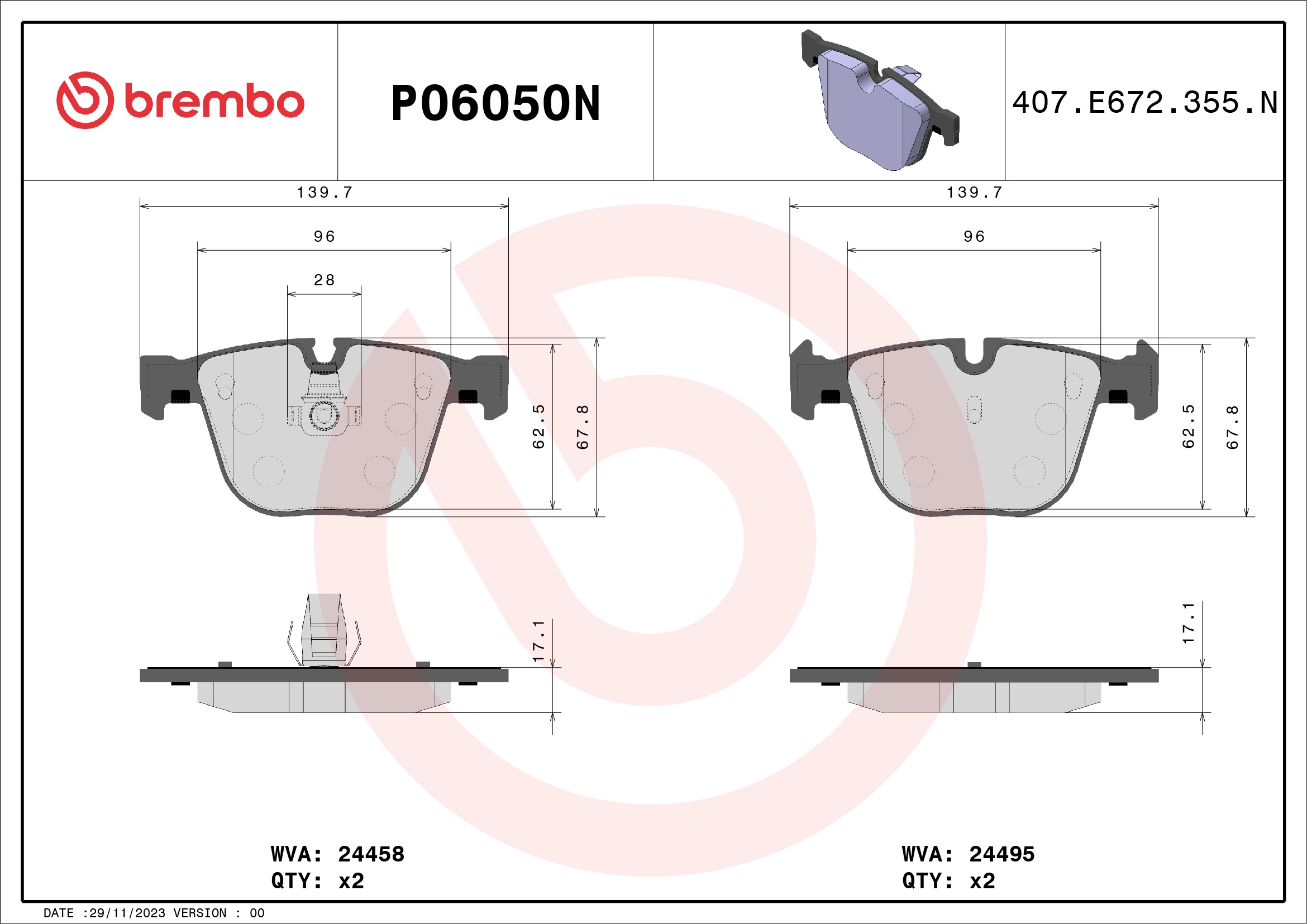 Комплект тормозных колодок дисковый тормоз BREMBO P06050N