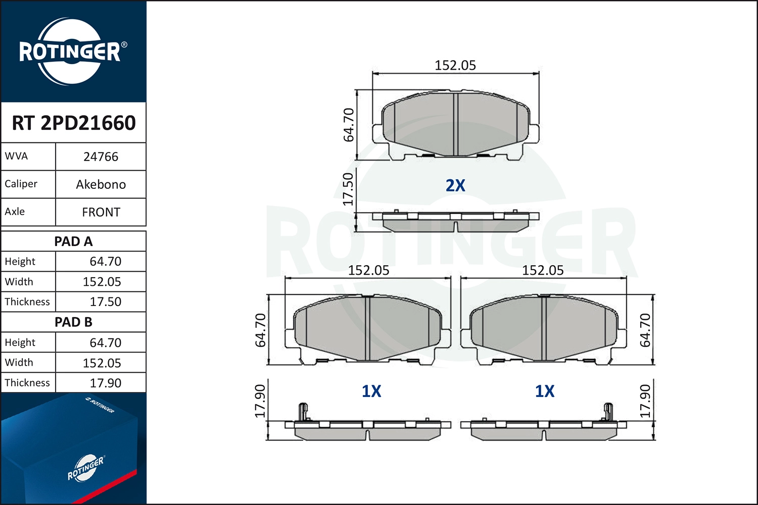 Комплект тормозных колодок дисковый тормоз ROTINGER RT 2PD21660