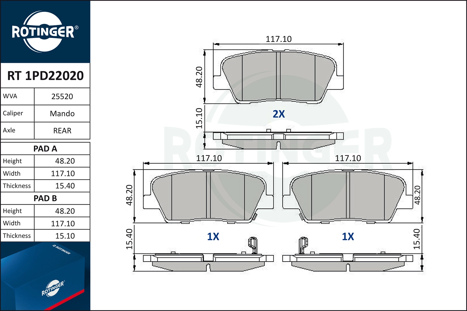 Комплект тормозных колодок дисковый тормоз ROTINGER RT 1PD22020