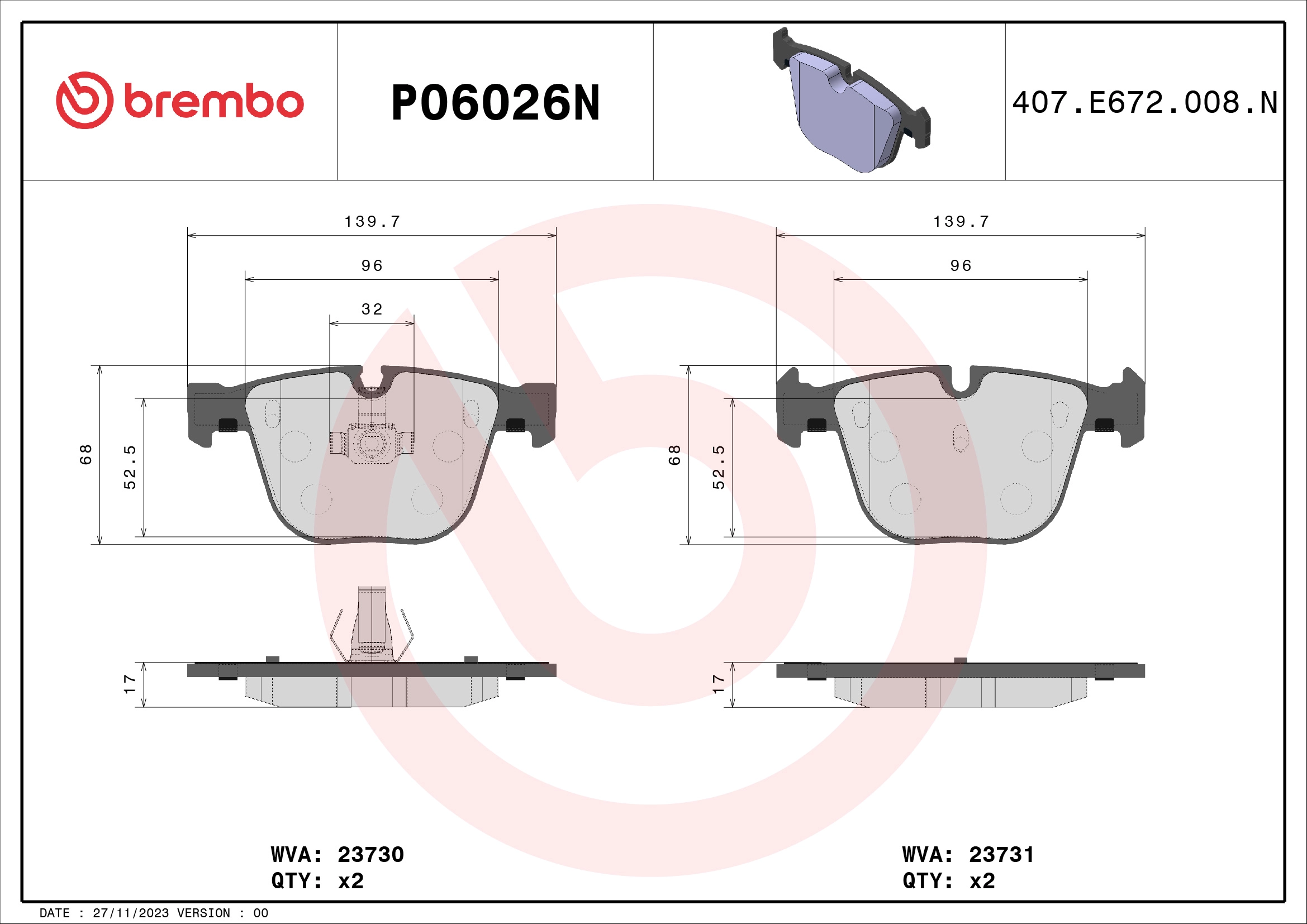 Комплект тормозных колодок дисковый тормоз BREMBO P06026N