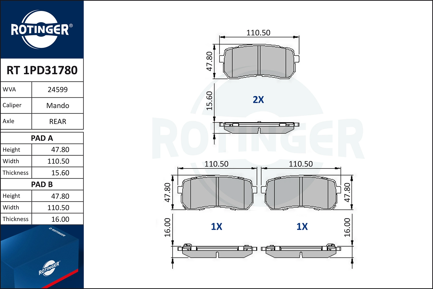 Комплект тормозных колодок дисковый тормоз ROTINGER RT 1PD31780