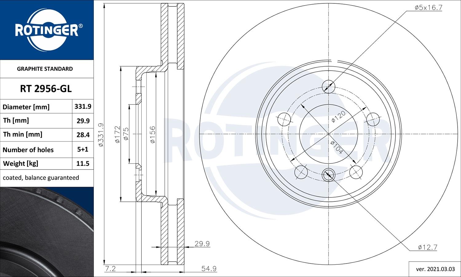 Тормозной диск ROTINGER RT 2956-GL