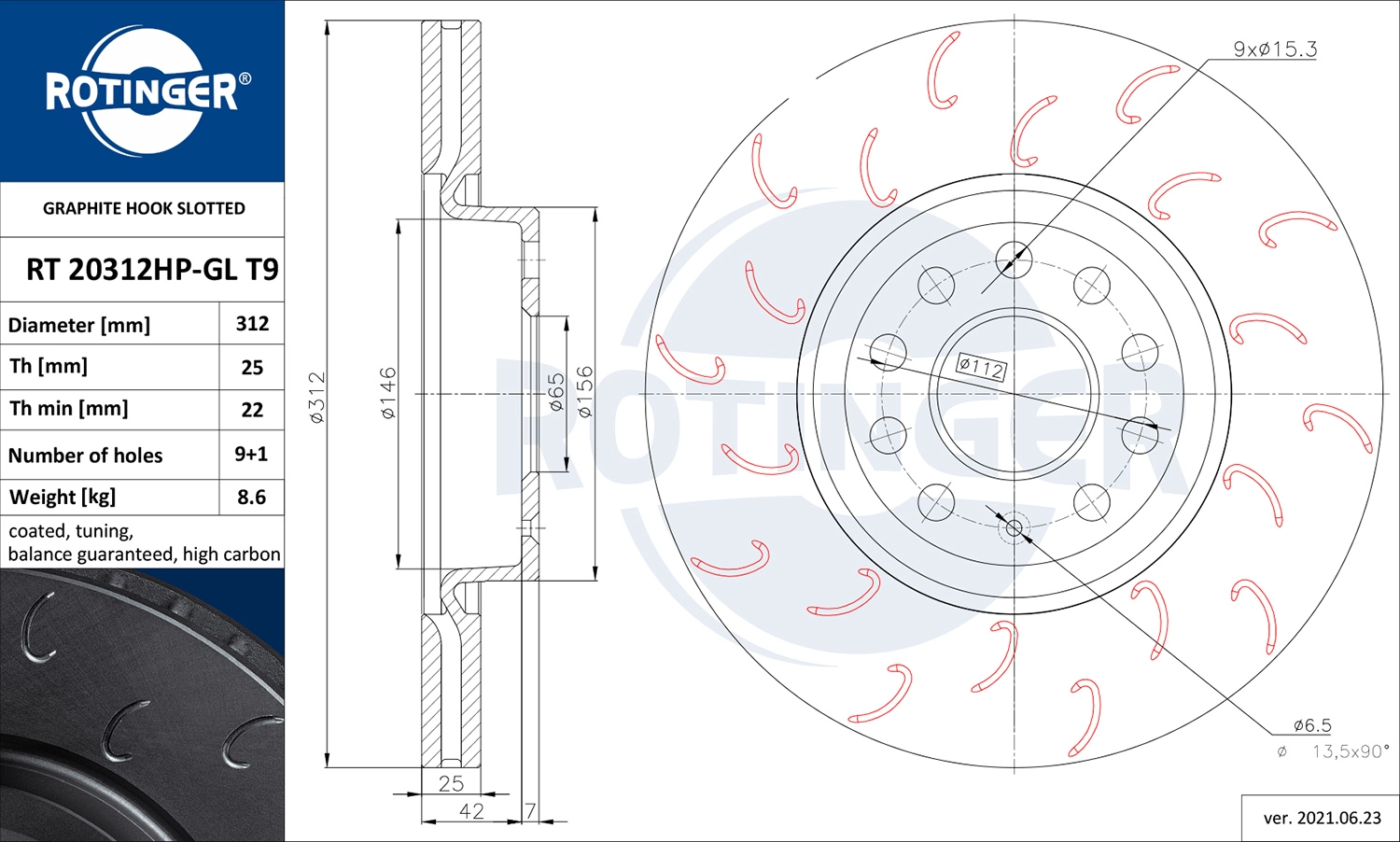 Тормозной диск ROTINGER RT 20312HP-GL T9