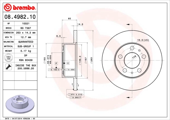 Тормозной диск prime line BREMBO 08.4982.10