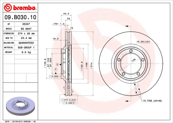 Тормозной диск prime line BREMBO 09.B030.10