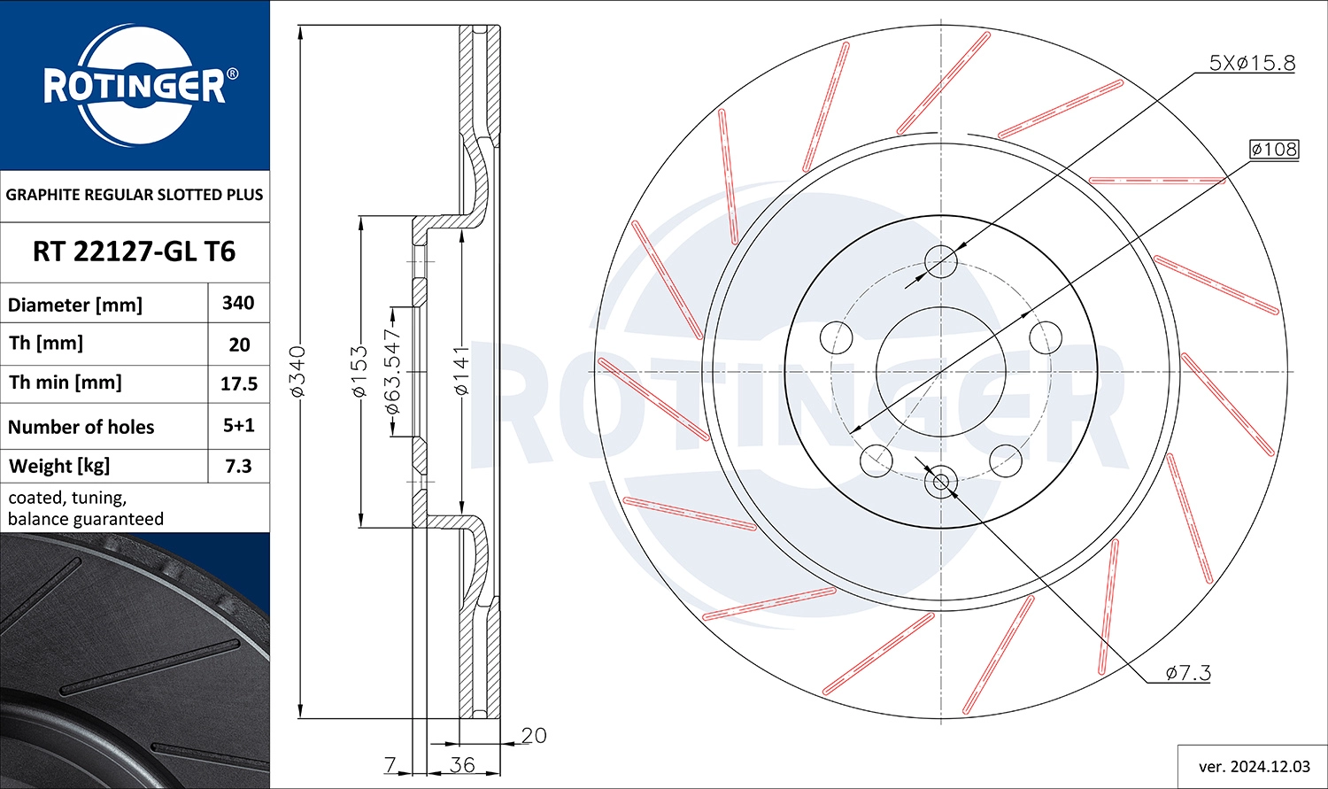 Тормозной диск graphite regular slotted plus ROTINGER RT 22127-GL T6