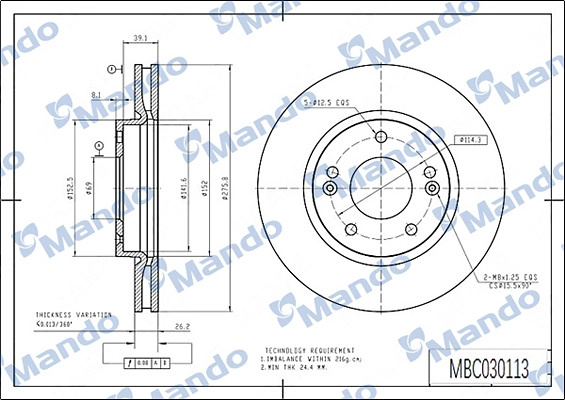 Диск тормозной hyundai santa fe (00-) (2wd)trajet (00-) передний (1шт.) mando MANDO MBC030113