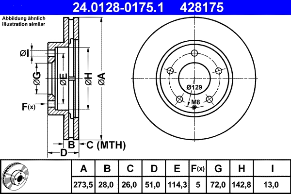 Диск тормозной передн mazda mpv ii 2.0/2.3/2.5 v6 99-06 xedos 9 2.0 24v/2.3 24v/2.5 24v 93-02 ATE 24.0128-0175.1
