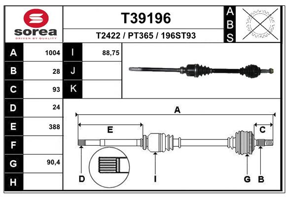 Привод передний прав. 1004mm aut EAI T39196
