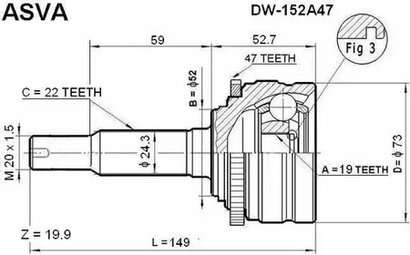 Шрус наружный 19x52x22 ASVA DW-152