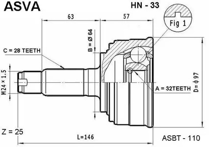 Шарнирный комплект приводной вал ASVA HN-33