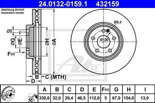 24.0132-0159.1 ATE Диск тормозной передн, CHRYSLER: CROSSFIRE SRT-6 03-07, CROSSFIRE Roadster SRT-6 04-07  MERCEDES-BENZ: CLK 430 97-02, CLK кабрио