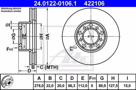 Диск тормозной передн mercedes-benz s-class 280 s/280 sesel/350 sesel/450 sesel/450 sesel/450 sel 6.9 72-80 sl 280 sl/350 sl/450 sl 71-89 sl купе ATE 24.0122-0106.1
