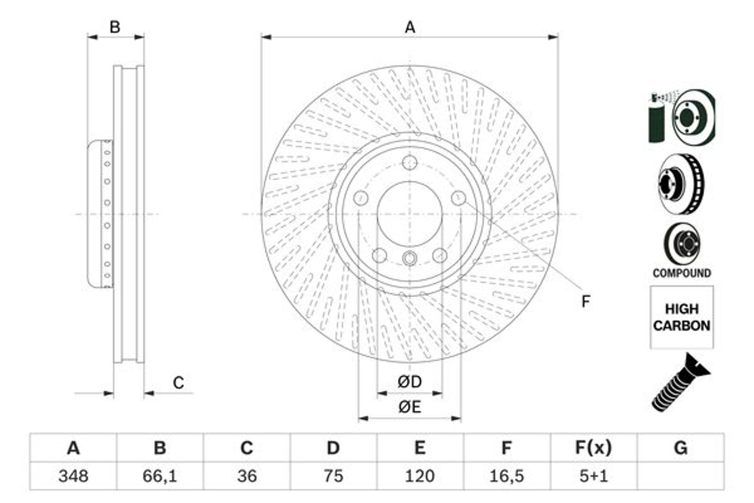 Диск тормозной bmw 5 f10/11/7 f01-04 передний правый вент. d348мм. BOSCH 0986479E18