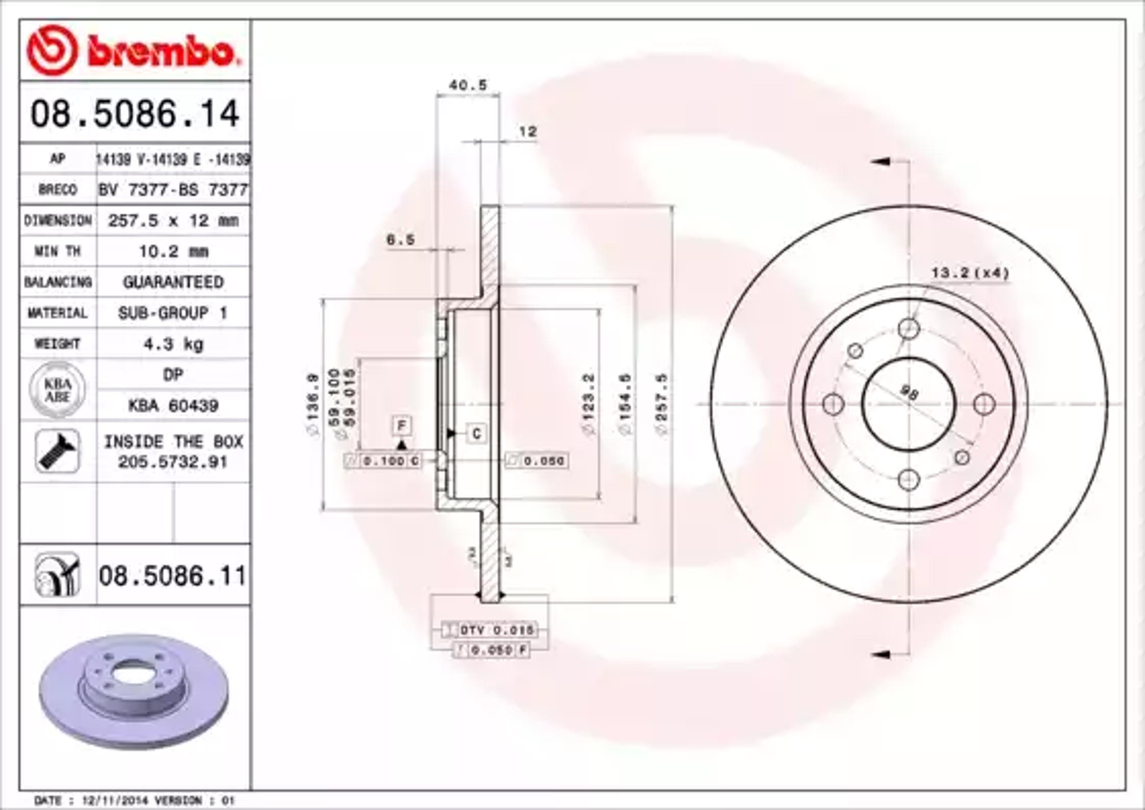 Диск тормозной BREMBO 08.5086.14