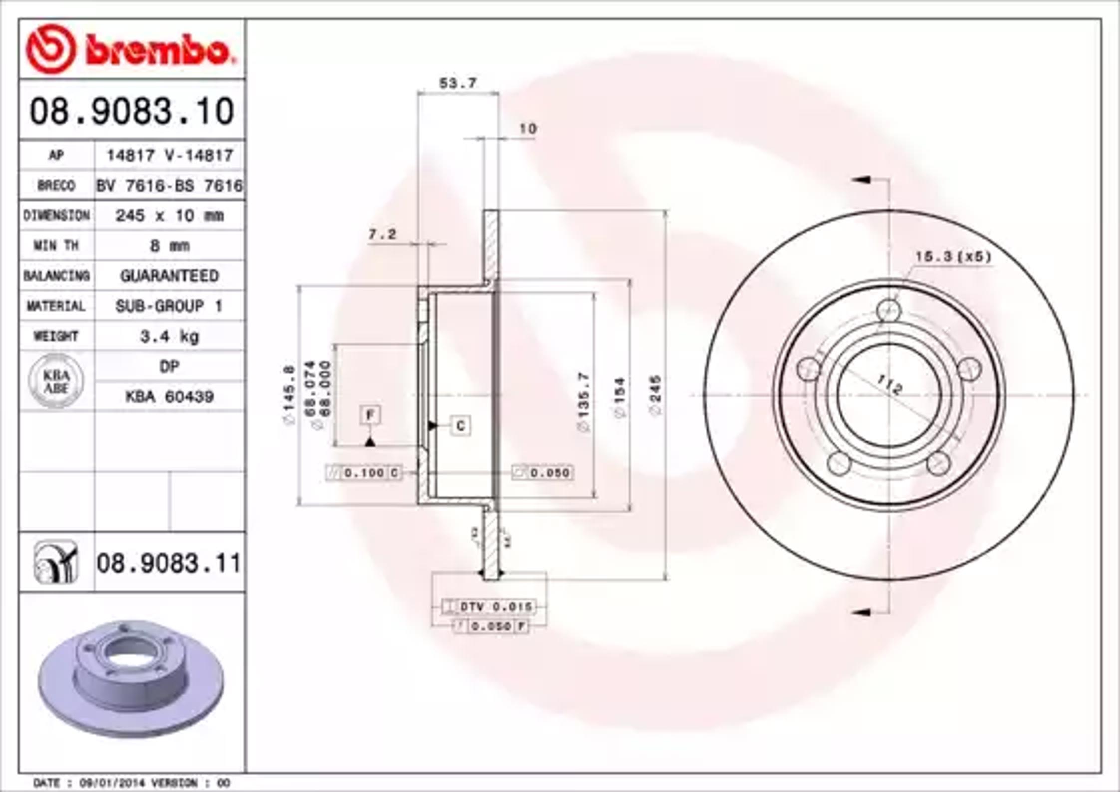 Диск тормозной BREMBO 08.9083.10