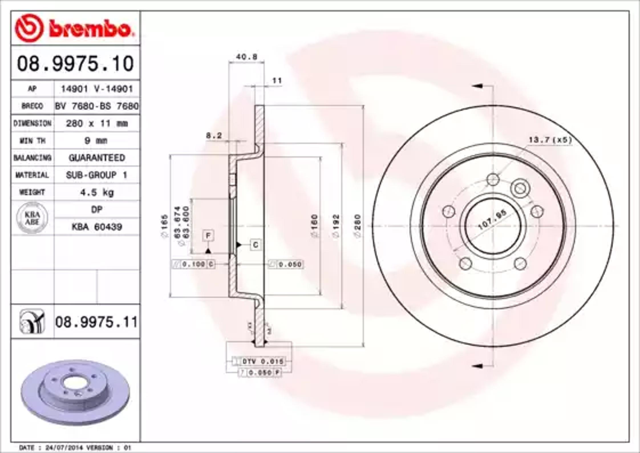 Диск тормозной BREMBO 08.9975.10