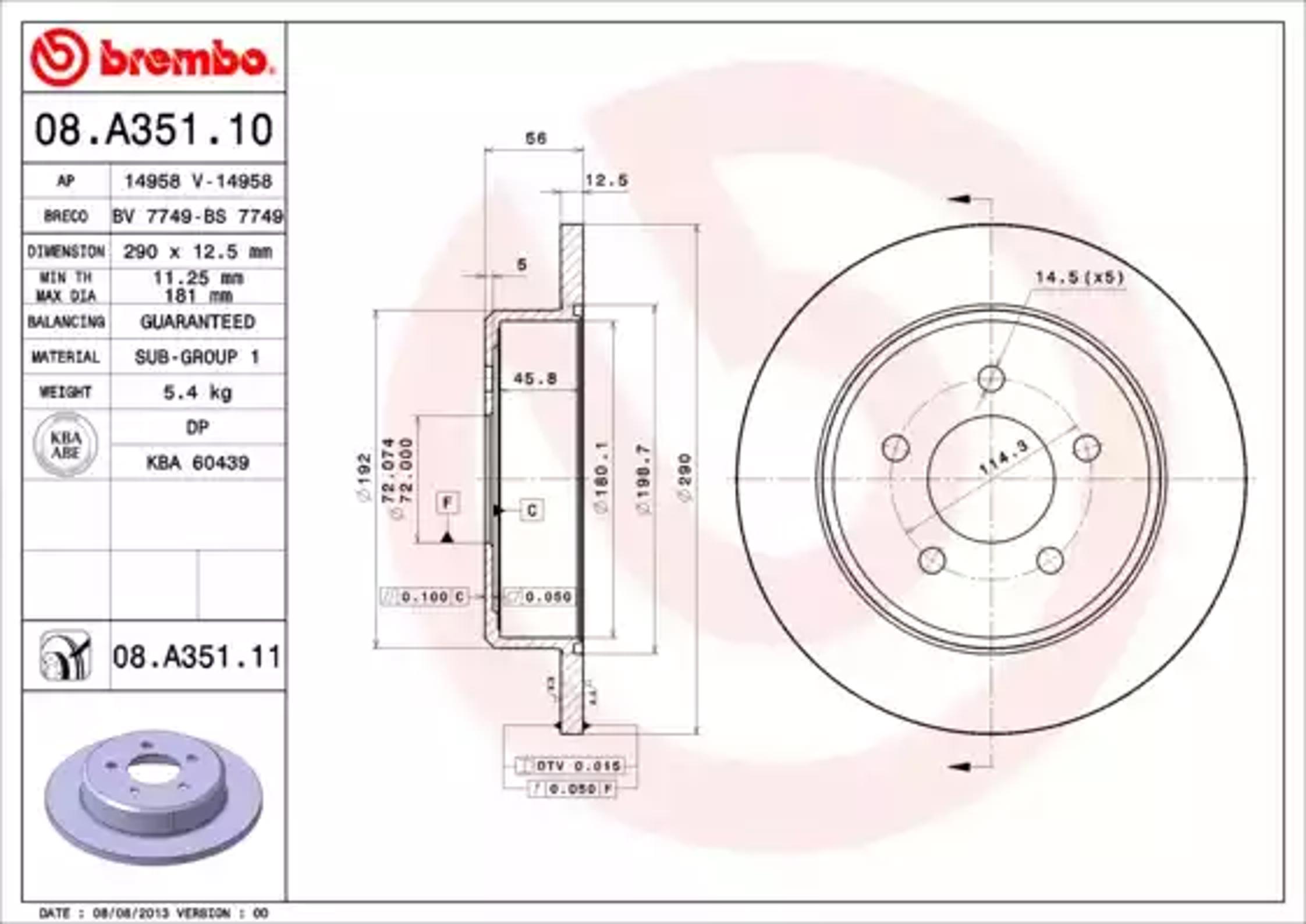 Диск тормозной BREMBO 08.A351.10