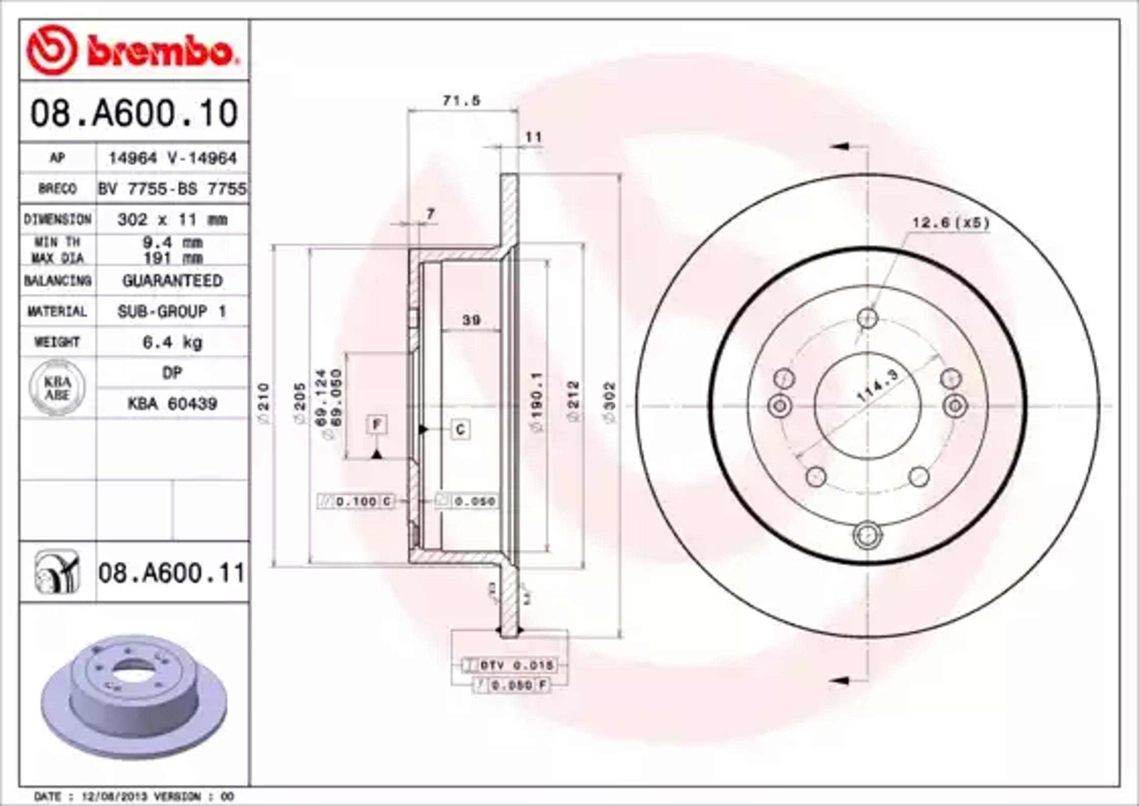 Диск тормозной BREMBO 08.A600.10