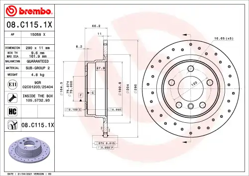 Диск тормозной bmw 1 (f20) 120 i 2016-2019 BREMBO 08.C115.1X