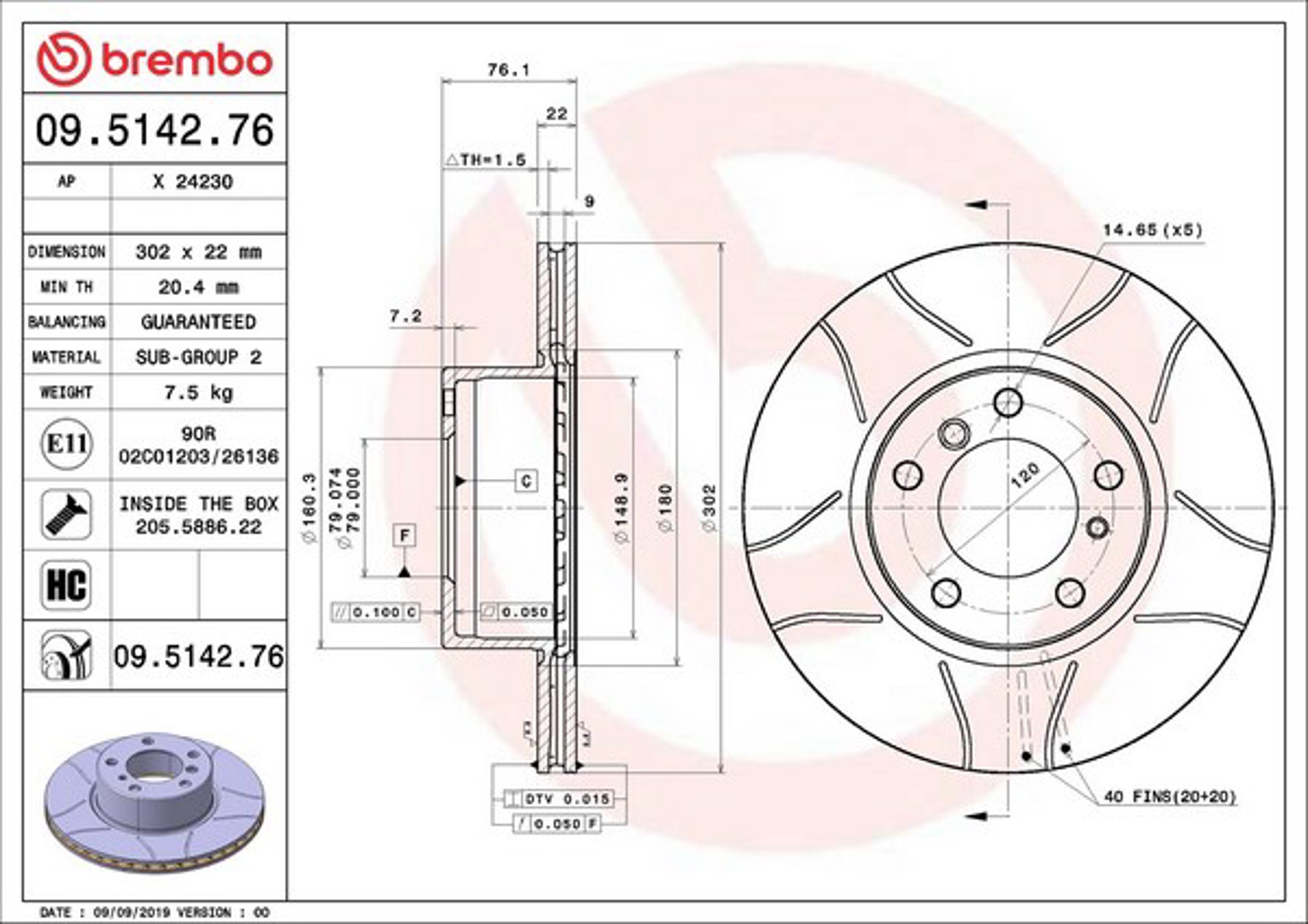 Диск тормозной BREMBO 09.5142.76