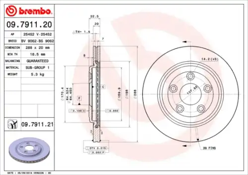 Диск тормозной задн jaguar s-type 99-08 jaguar xj 03-09 BREMBO 09.7911.20