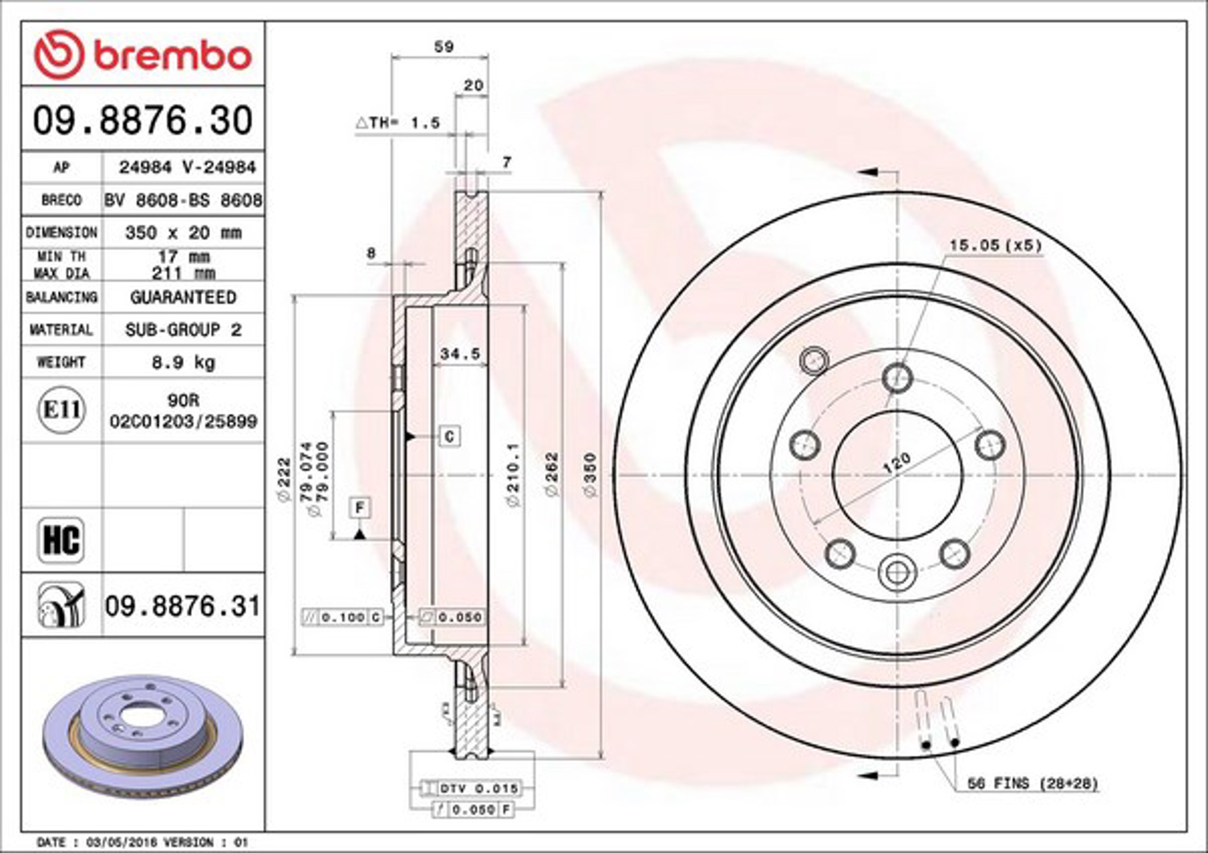 Диск тормозной BREMBO 09.8876.30