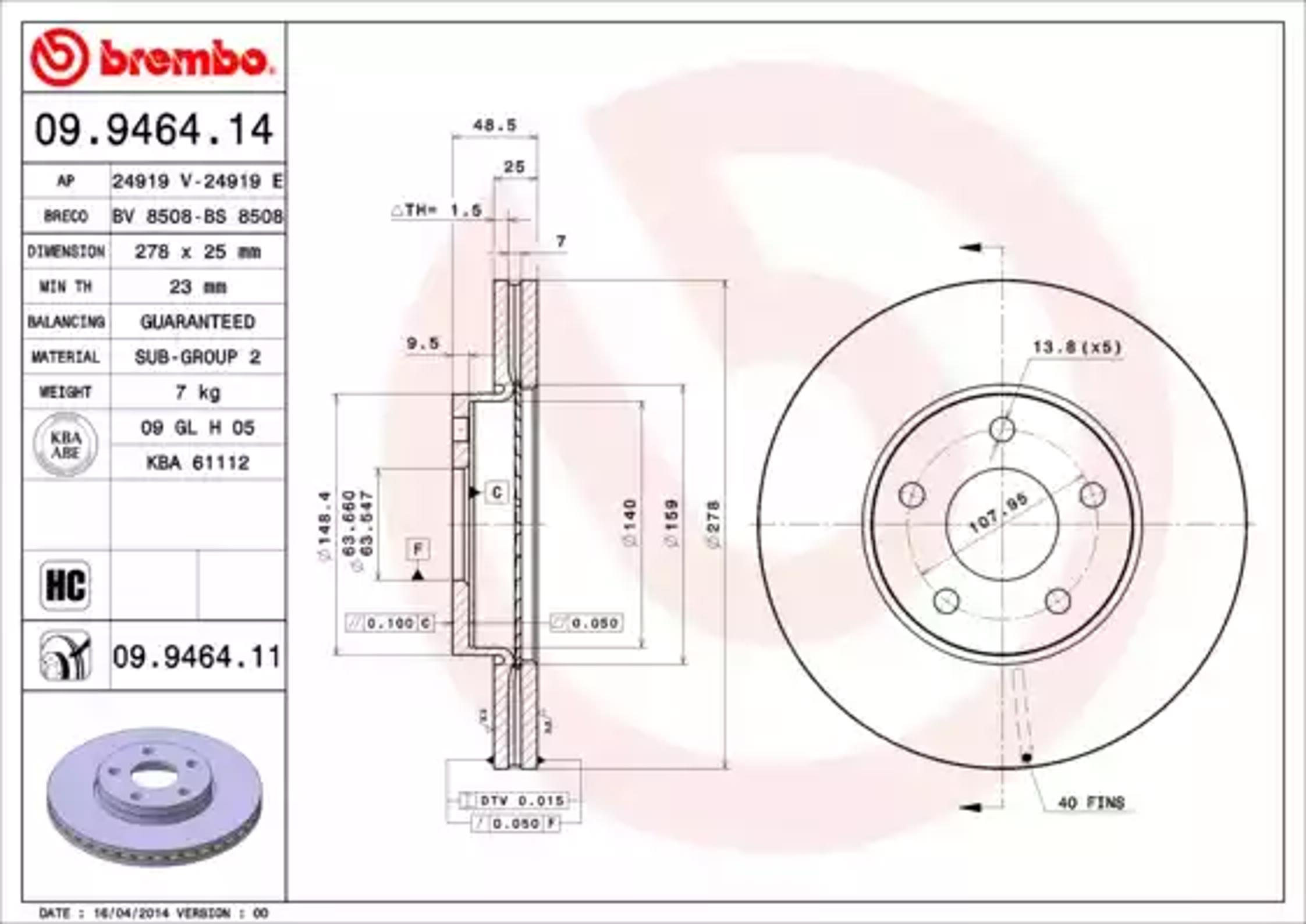 09.9464.14 BREMBO Диск тормозной