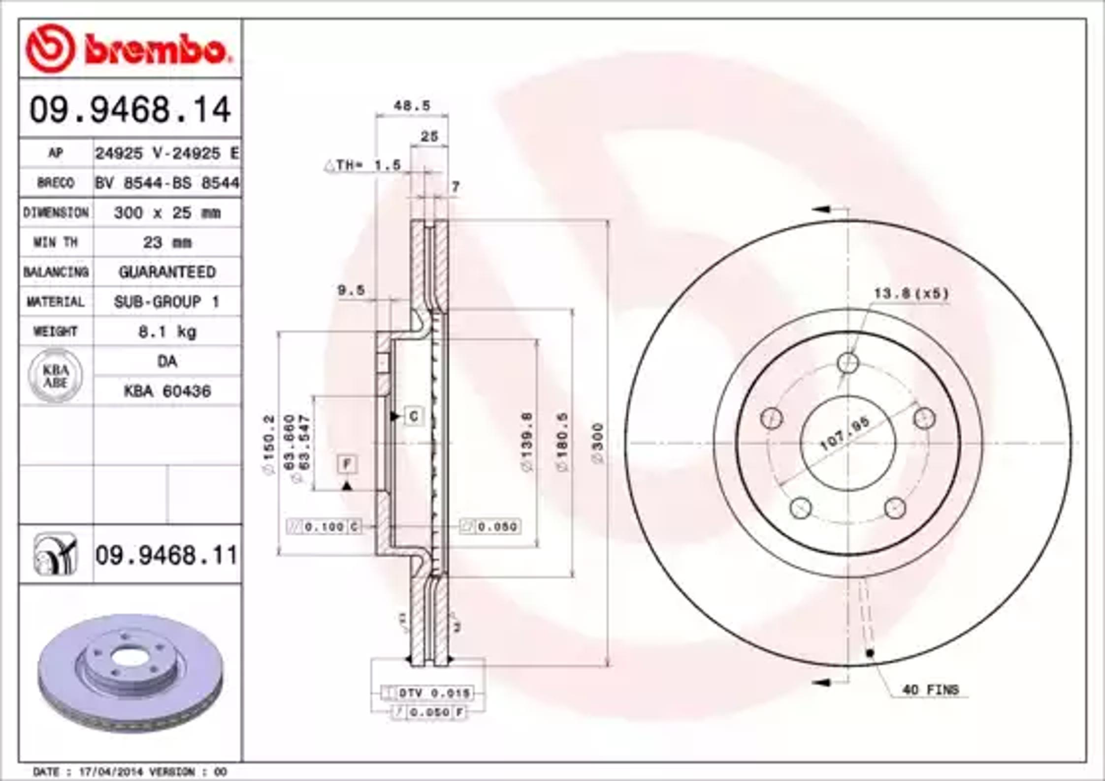 09.9468.14 BREMBO Диск тормозной