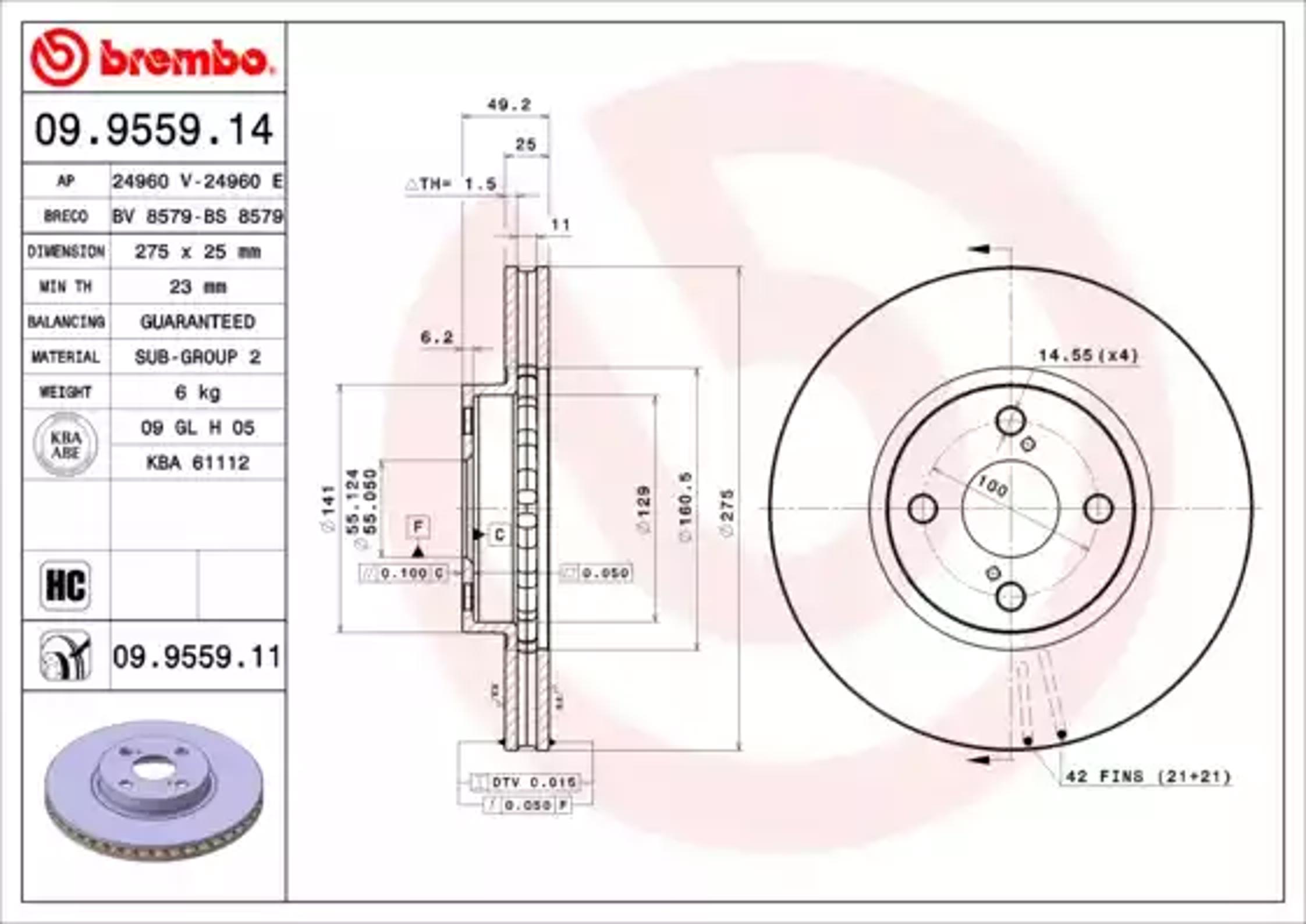 Диск тормозной BREMBO 09.9559.14