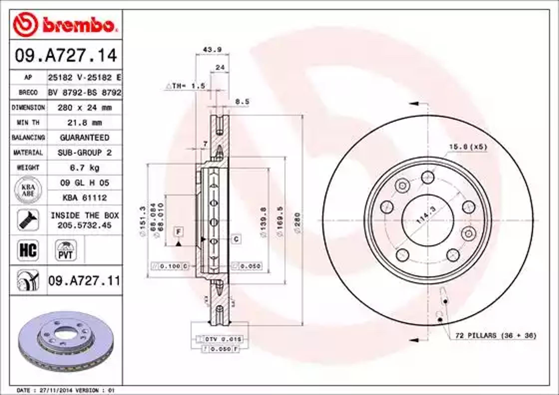 Диск тормозной BREMBO 09.A727.14
