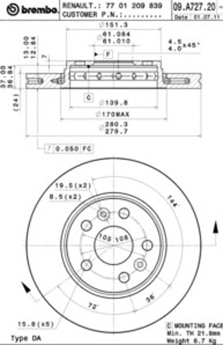 Диск тормозной BREMBO 09.A727.20