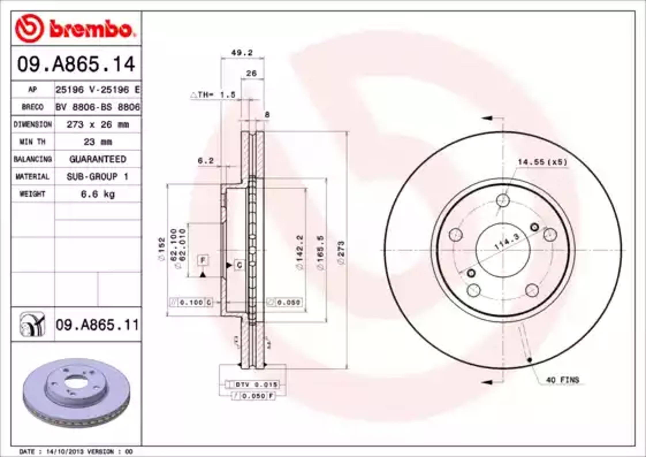 09.A865.14 BREMBO Диск тормозной