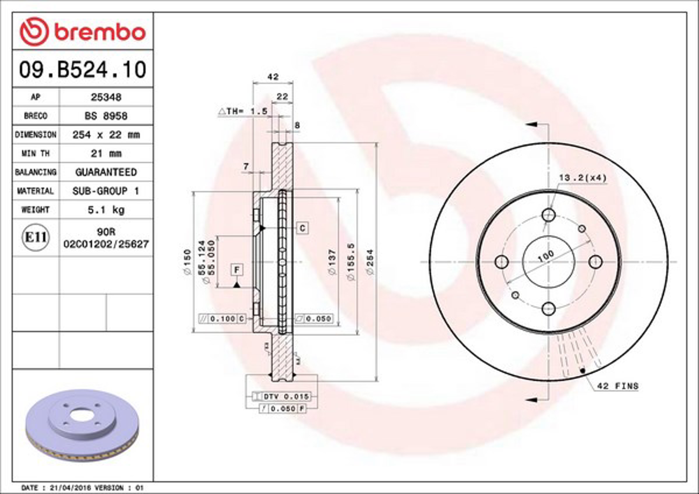 Диск тормозной BREMBO 09.B524.10