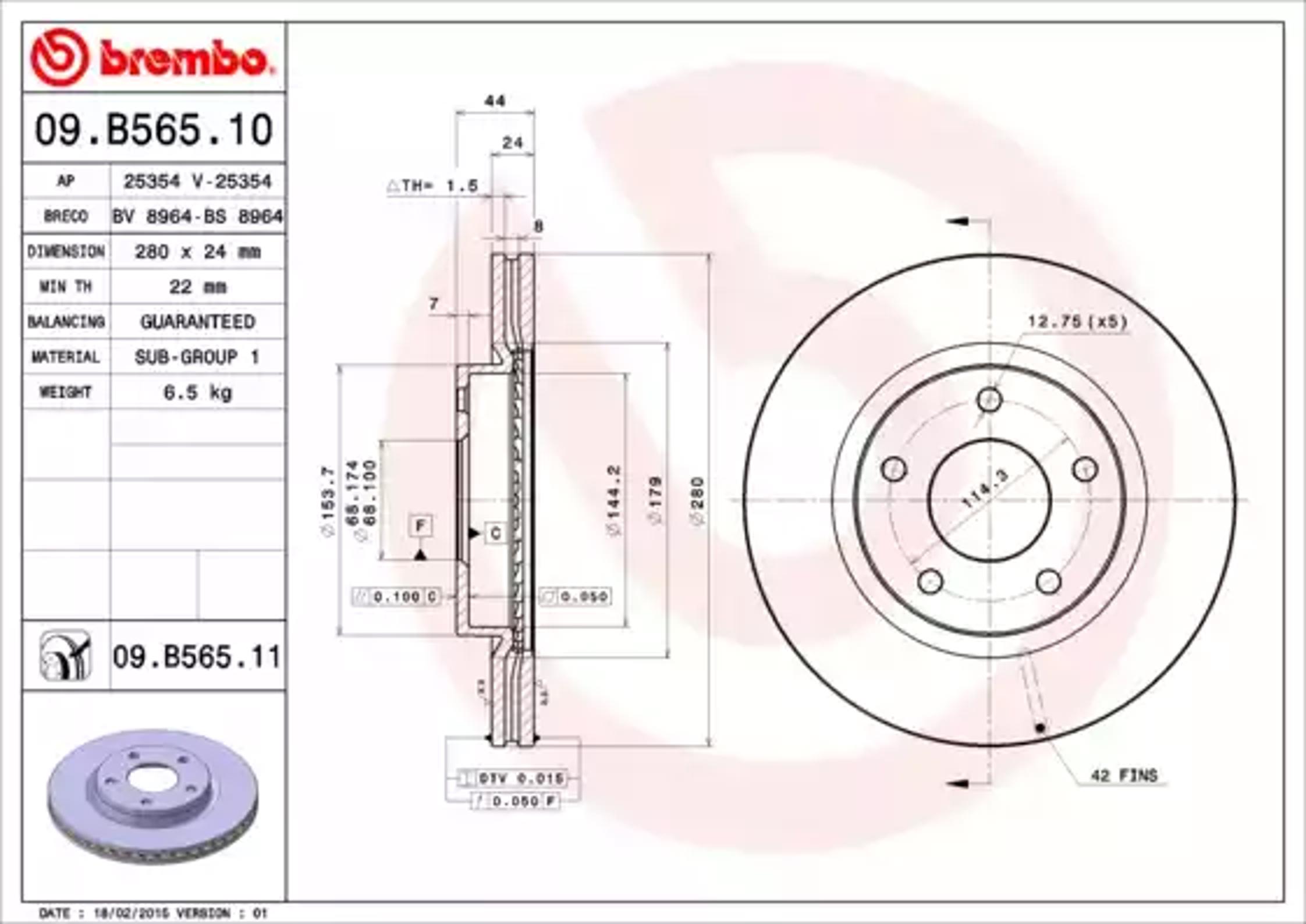 09.B565.10 BREMBO Диск тормозной