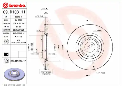Диск тормозной ford fiesta vii (hj hf) 1.5 st ecoboost 2018- BREMBO 09.D103.11
