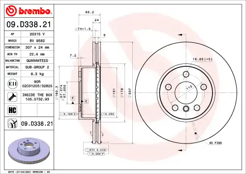 Диск тормозной BREMBO 09.D338.21