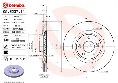 Диск тормозной hyundai santa fe iv (tm tma) 2.2 crdi 2018-2020 BREMBO 09.E237.11