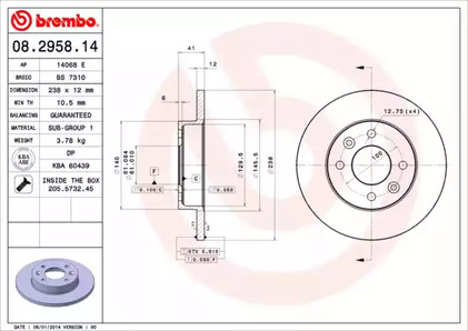 08.2958.14 BREMBO Диск тормозной