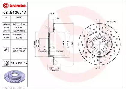 Диск тормозной BREMBO 08.9136.1X