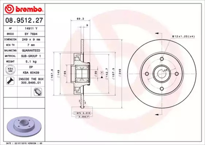 08.9512.27 BREMBO Тормозной диск