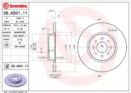 Диск тормозной BREMBO 08.A501.11