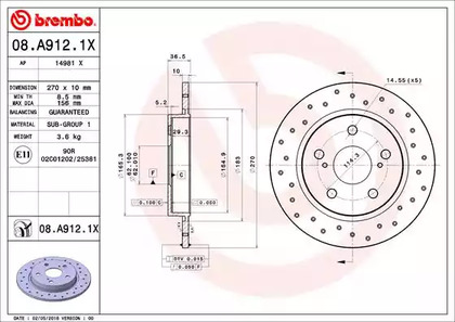 Тормозной диск BREMBO 08.A912.1X