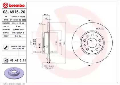 Диск тормозной BREMBO 08.A915.21