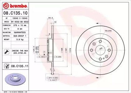 Диск тормозной BREMBO 08.C135.11