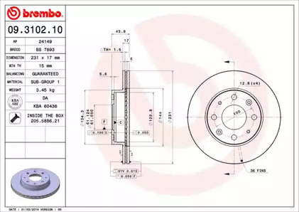 09.3102.10 BREMBO Тормозной диск