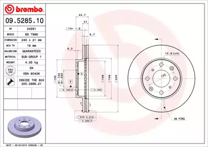 09.5285.10 BREMBO Тормозной диск