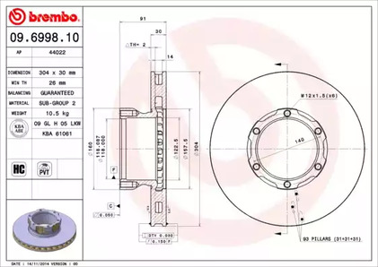 Тормозной диск BREMBO 09.6998.10