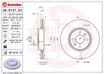 09.8137.24 BREMBO Тормозной диск